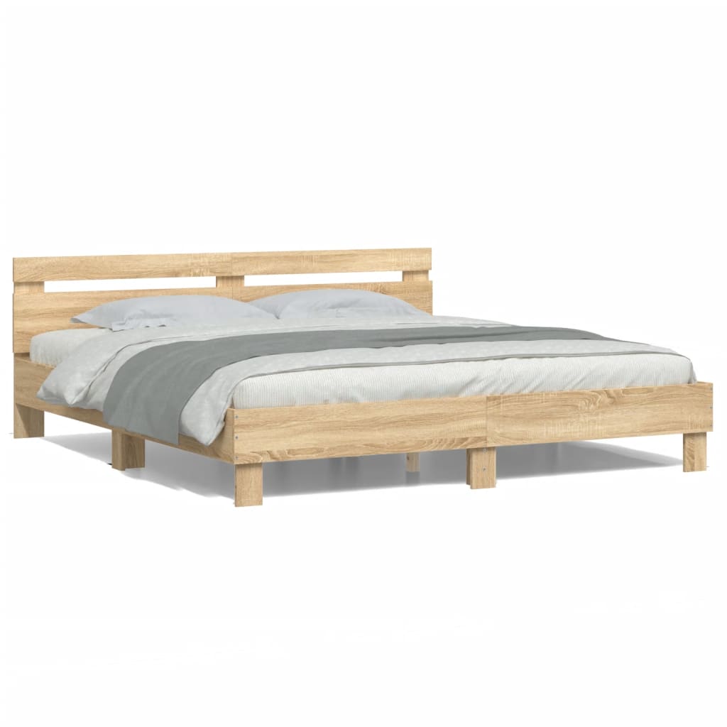 Bedframe met hoofdeinde en LED sonoma eikenkleurig 200x200 cm is nu te koop bij PeponiXL, paradijselijk wonen!