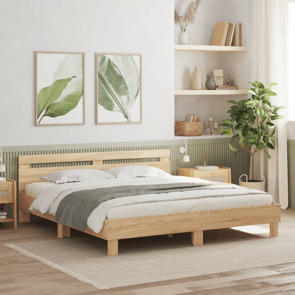 Bedframe met hoofdeinde en LED sonoma eikenkleurig 200x200 cm is nu te koop bij PeponiXL, paradijselijk wonen!