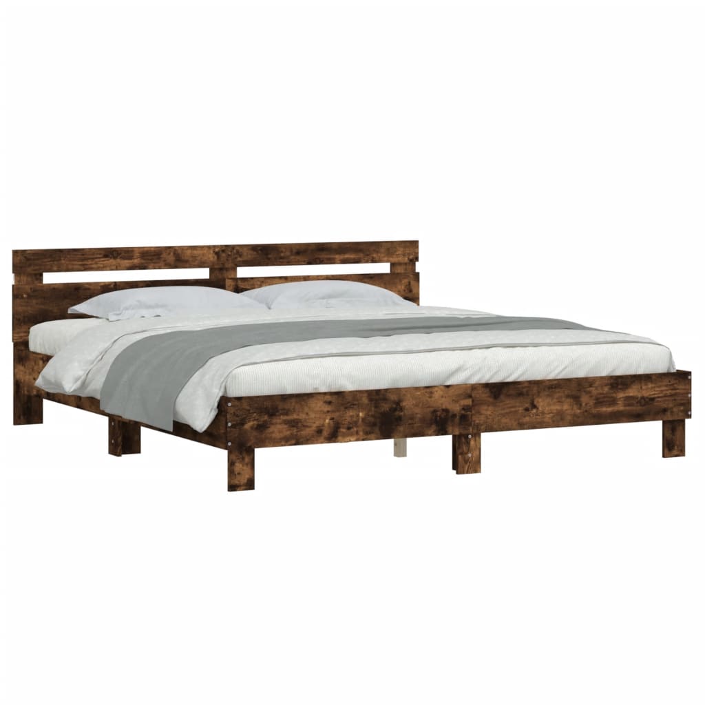 Bedframe met hoofdeinde en LED gerookt eikenkleurig 200x200 cm is nu te koop bij PeponiXL, paradijselijk wonen!