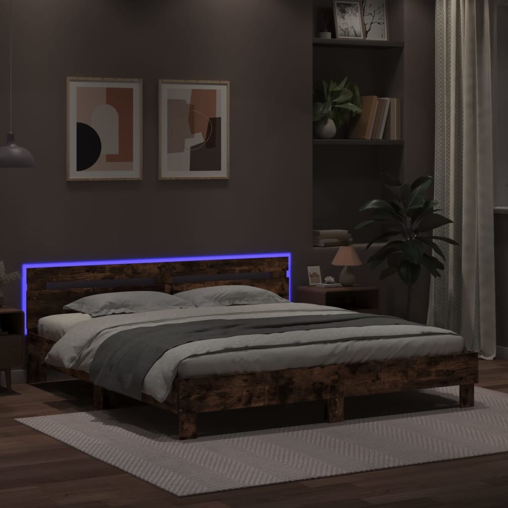 Bedframe met hoofdeinde en LED gerookt eikenkleurig 200x200 cm is nu te koop bij PeponiXL, paradijselijk wonen!
