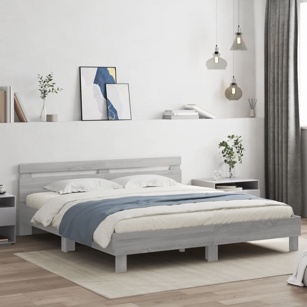 Bedframe met hoofdeinde en LED grijs sonoma eiken 200x200 cm is nu te koop bij PeponiXL, paradijselijk wonen!