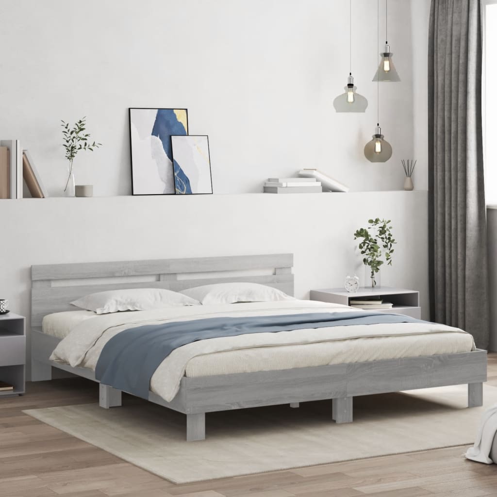 Bedframe met hoofdeinde en LED grijs sonoma eiken 200x200 cm is nu te koop bij PeponiXL, paradijselijk wonen!
