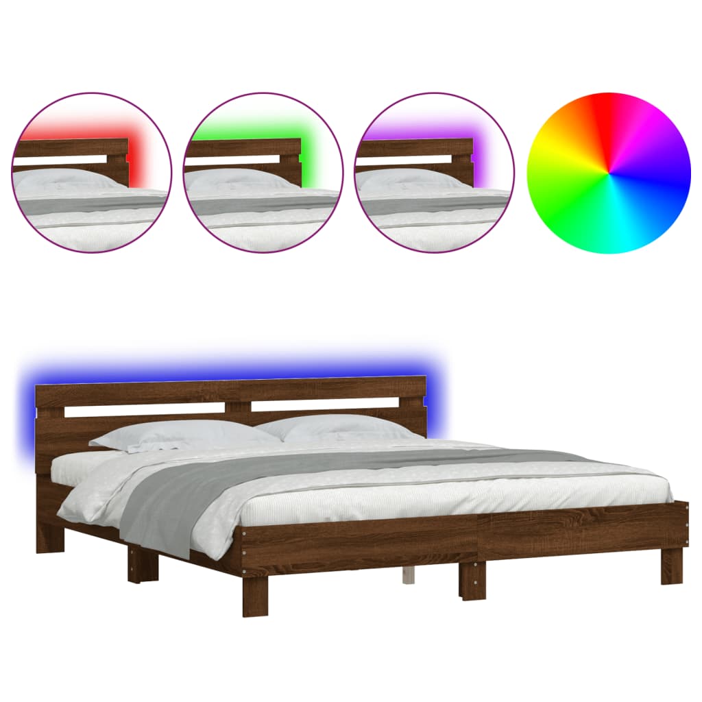 Bedframe met hoofdeinde en LED bruin eikenkleur 200x200 cm is nu te koop bij PeponiXL, paradijselijk wonen!
