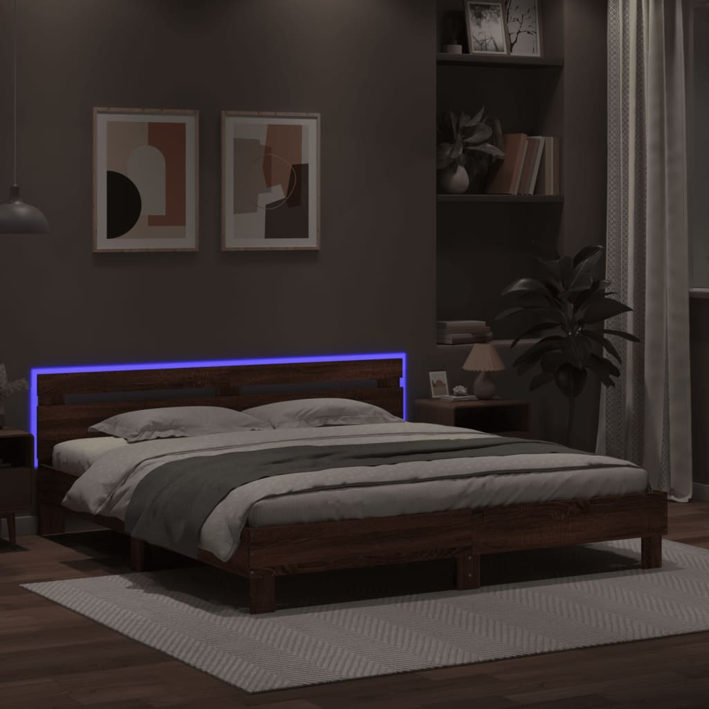 Bedframe met hoofdeinde en LED bruin eikenkleur 200x200 cm is nu te koop bij PeponiXL, paradijselijk wonen!