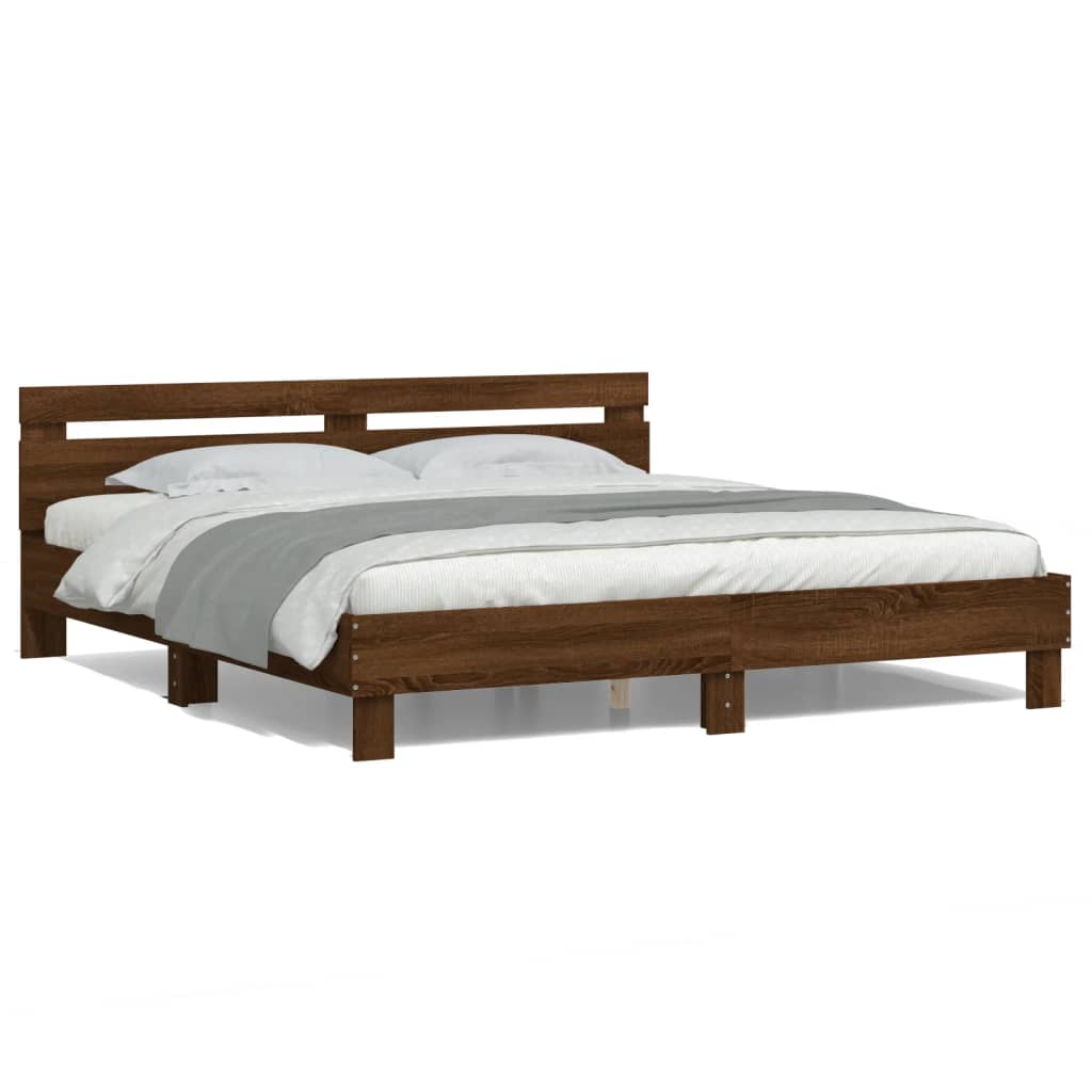 Bedframe met hoofdeinde en LED bruin eikenkleur 200x200 cm is nu te koop bij PeponiXL, paradijselijk wonen!