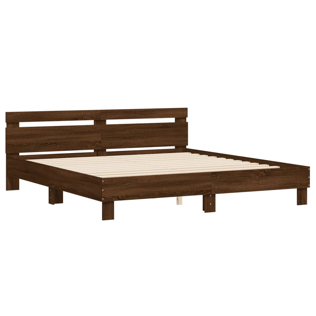 Bedframe met hoofdeinde en LED bruin eikenkleur 200x200 cm is nu te koop bij PeponiXL, paradijselijk wonen!