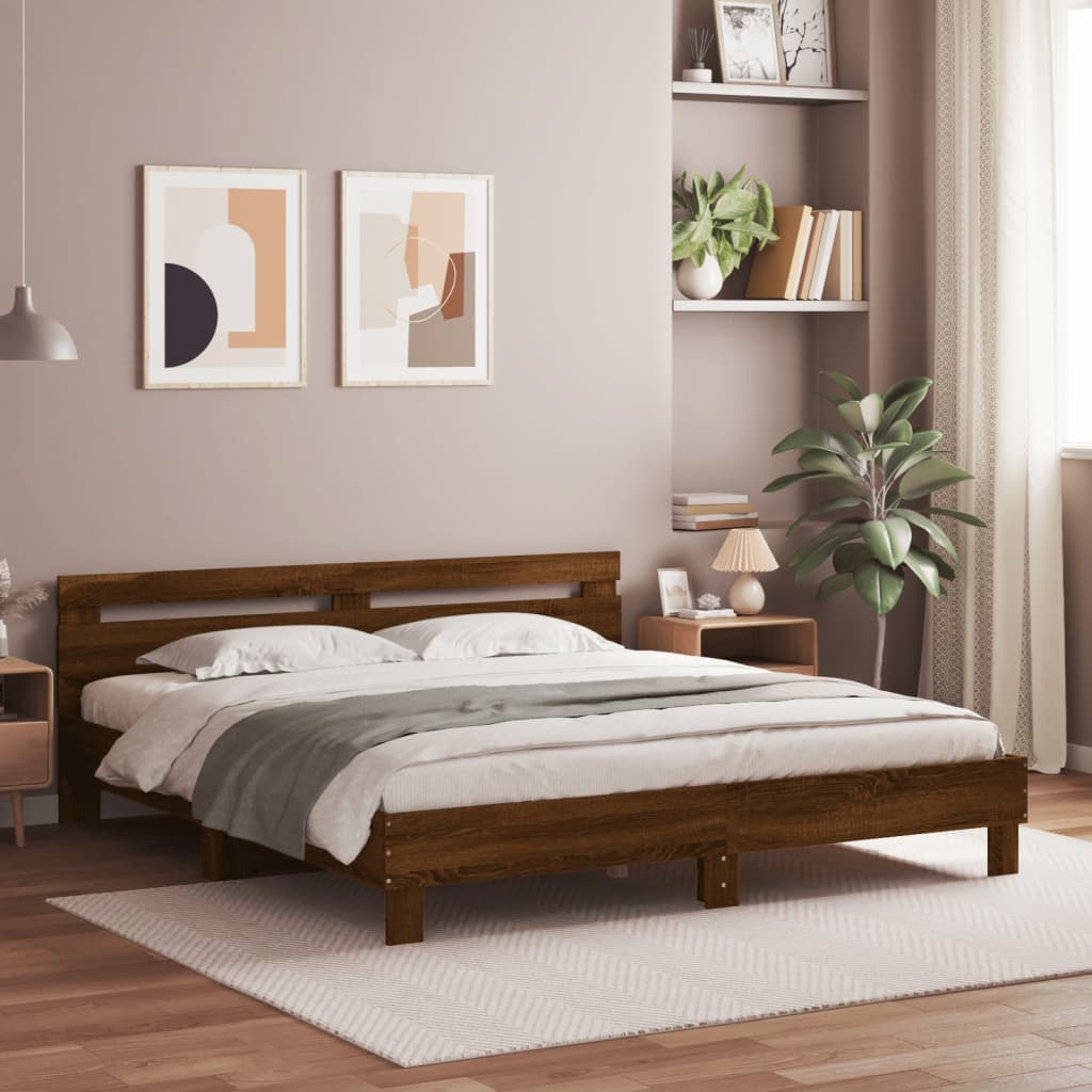 Bedframe met hoofdeinde en LED bruin eikenkleur 200x200 cm is nu te koop bij PeponiXL, paradijselijk wonen!