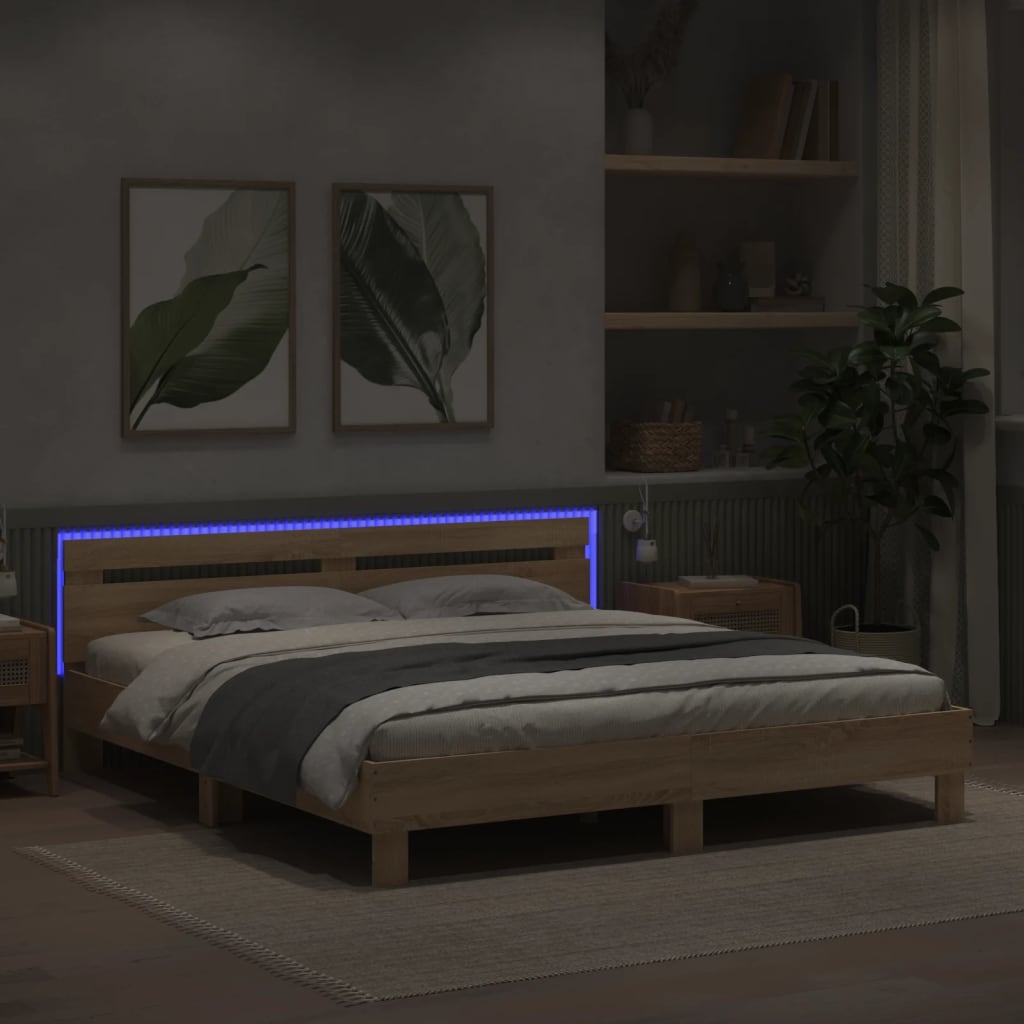 Bedframe met hoofdeinde en LED sonoma eikenkleurig 180x200 cm is nu te koop bij PeponiXL, paradijselijk wonen!