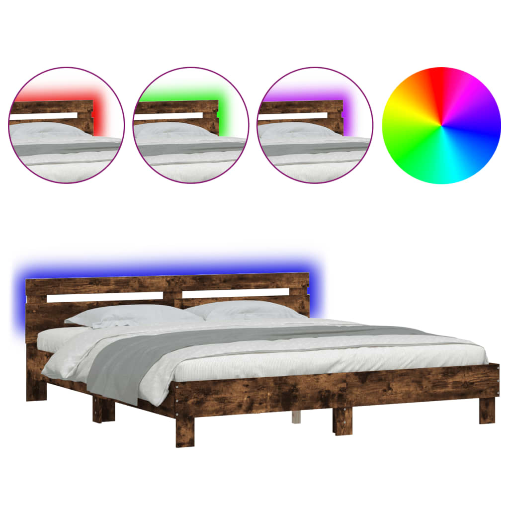 Bedframe met hoofdeinde en LED gerookt eikenkleurig 180x200 cm is nu te koop bij PeponiXL, paradijselijk wonen!