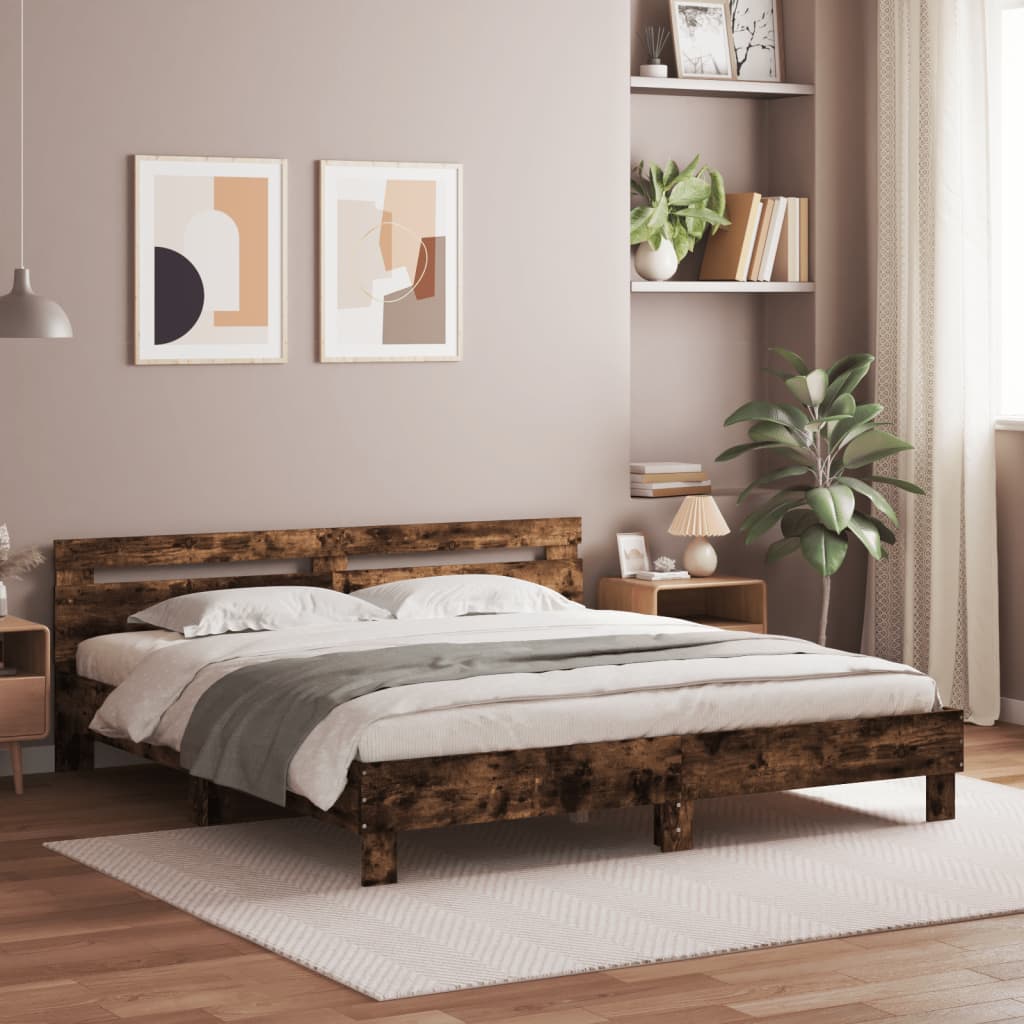 Bedframe met hoofdeinde en LED gerookt eikenkleurig 180x200 cm is nu te koop bij PeponiXL, paradijselijk wonen!