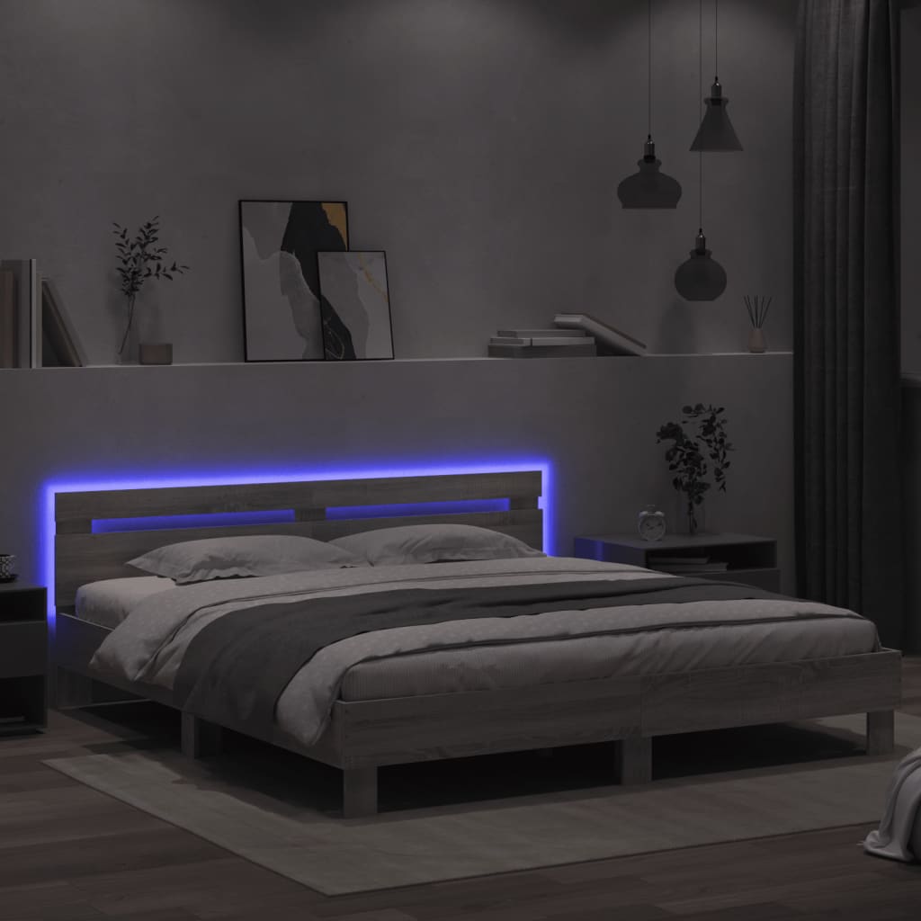 Bedframe met hoofdeinde en LED-licht grijs sonoma 180x200 cm is nu te koop bij PeponiXL, paradijselijk wonen!