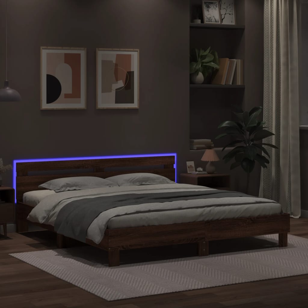 Bedframe met hoofdeinde en LED bruin eikenkleur 180x200 cm is nu te koop bij PeponiXL, paradijselijk wonen!