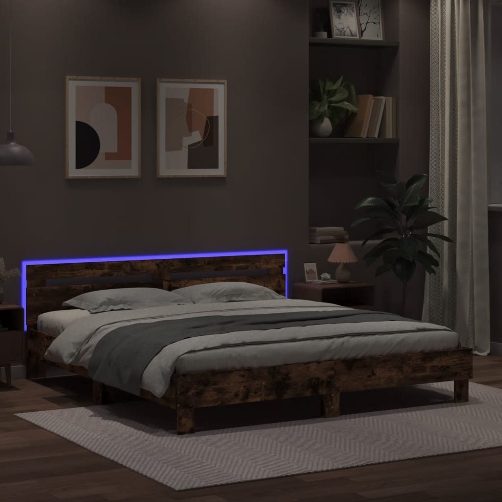 Bedframe met hoofdeinde en LED gerookt eikenkleurig 160x200 cm is nu te koop bij PeponiXL, paradijselijk wonen!