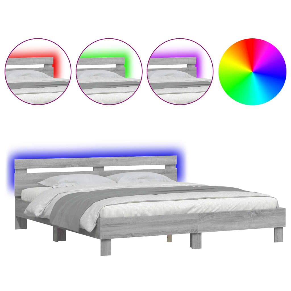 Bedframe met hoofdeinde en LED-licht grijs sonoma 160x200 cm is nu te koop bij PeponiXL, paradijselijk wonen!