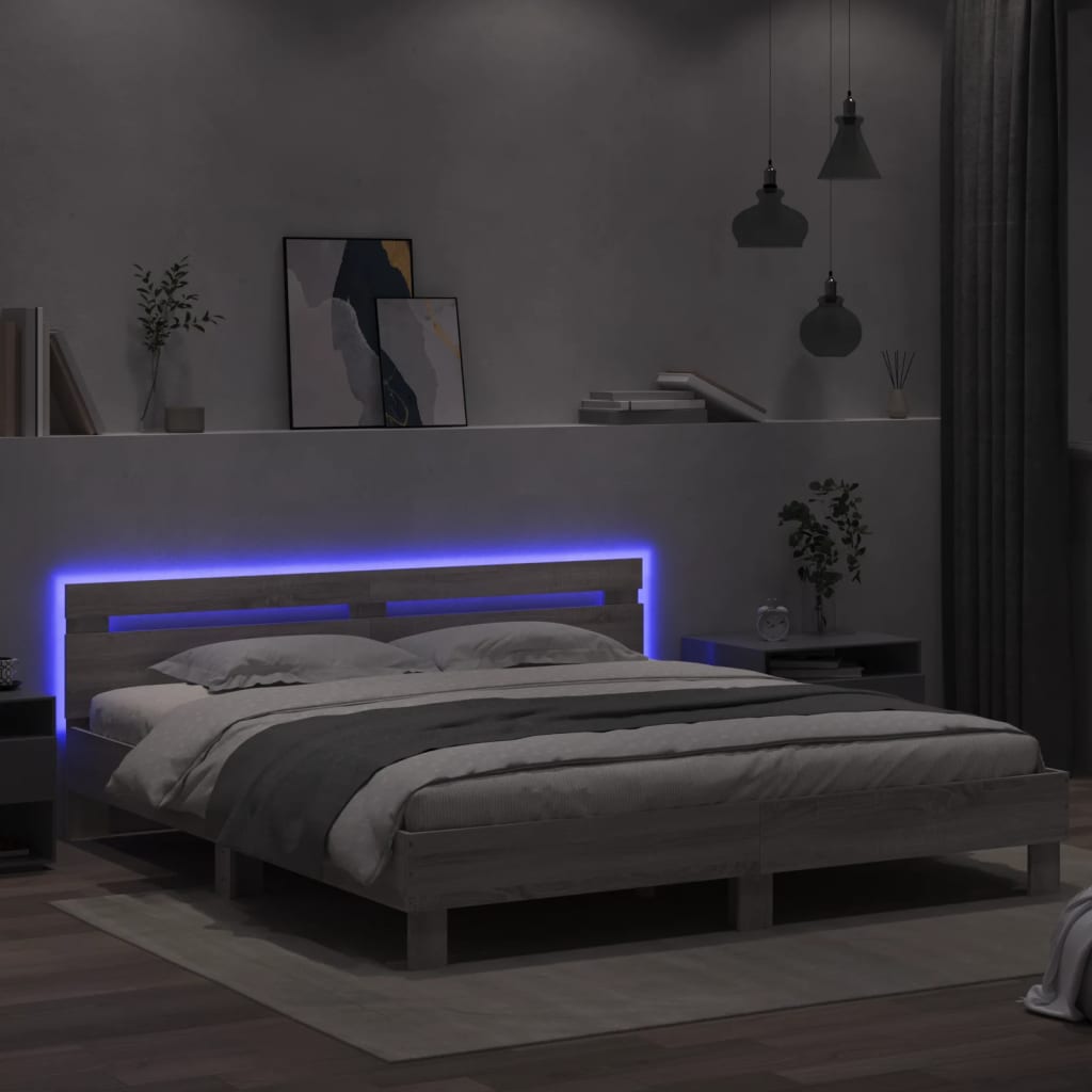 Bedframe met hoofdeinde en LED-licht grijs sonoma 160x200 cm is nu te koop bij PeponiXL, paradijselijk wonen!