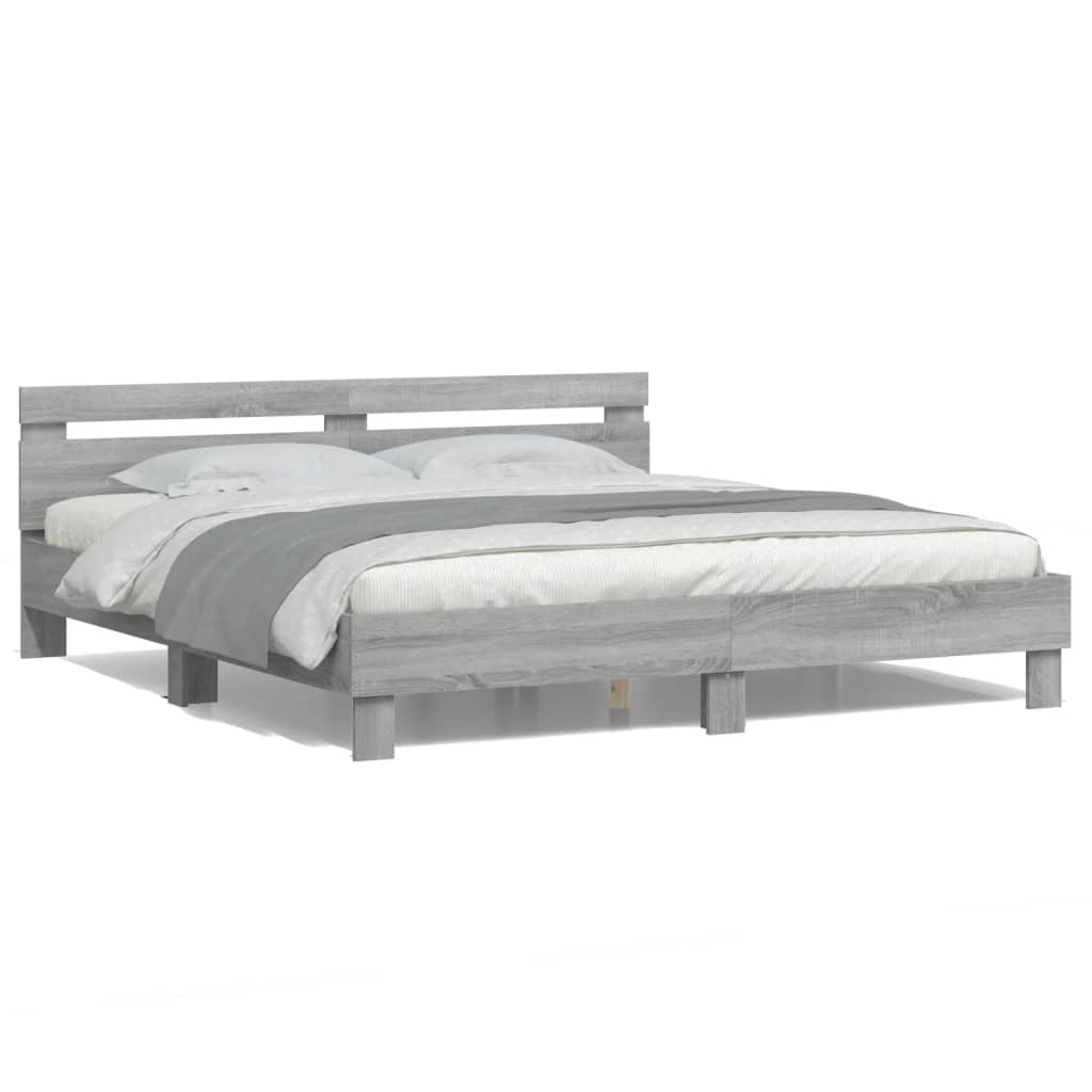 Bedframe met hoofdeinde en LED-licht grijs sonoma 160x200 cm is nu te koop bij PeponiXL, paradijselijk wonen!