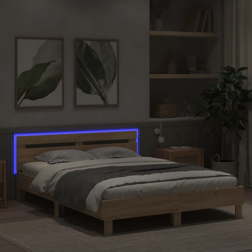 Bedframe met hoofdeinde en LED sonoma eikenkleurig 150x200 cm is nu te koop bij PeponiXL, paradijselijk wonen!