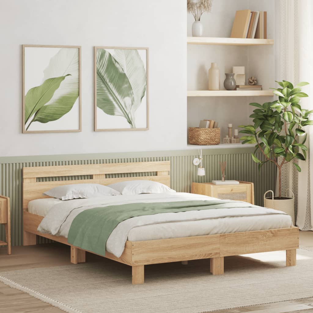Bedframe met hoofdeinde en LED sonoma eikenkleurig 150x200 cm is nu te koop bij PeponiXL, paradijselijk wonen!