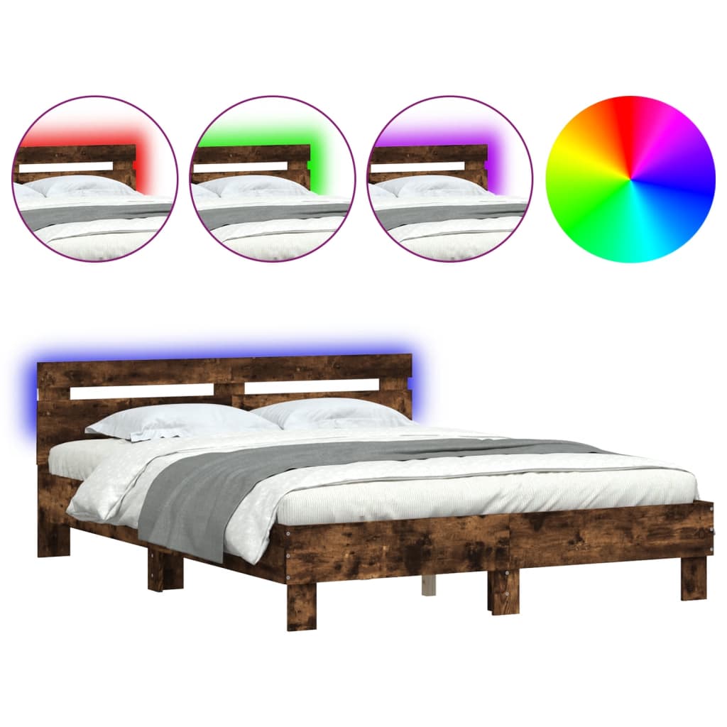 Bedframe met hoofdeinde en LED gerookt eikenkleurig 150x200 cm is nu te koop bij PeponiXL, paradijselijk wonen!