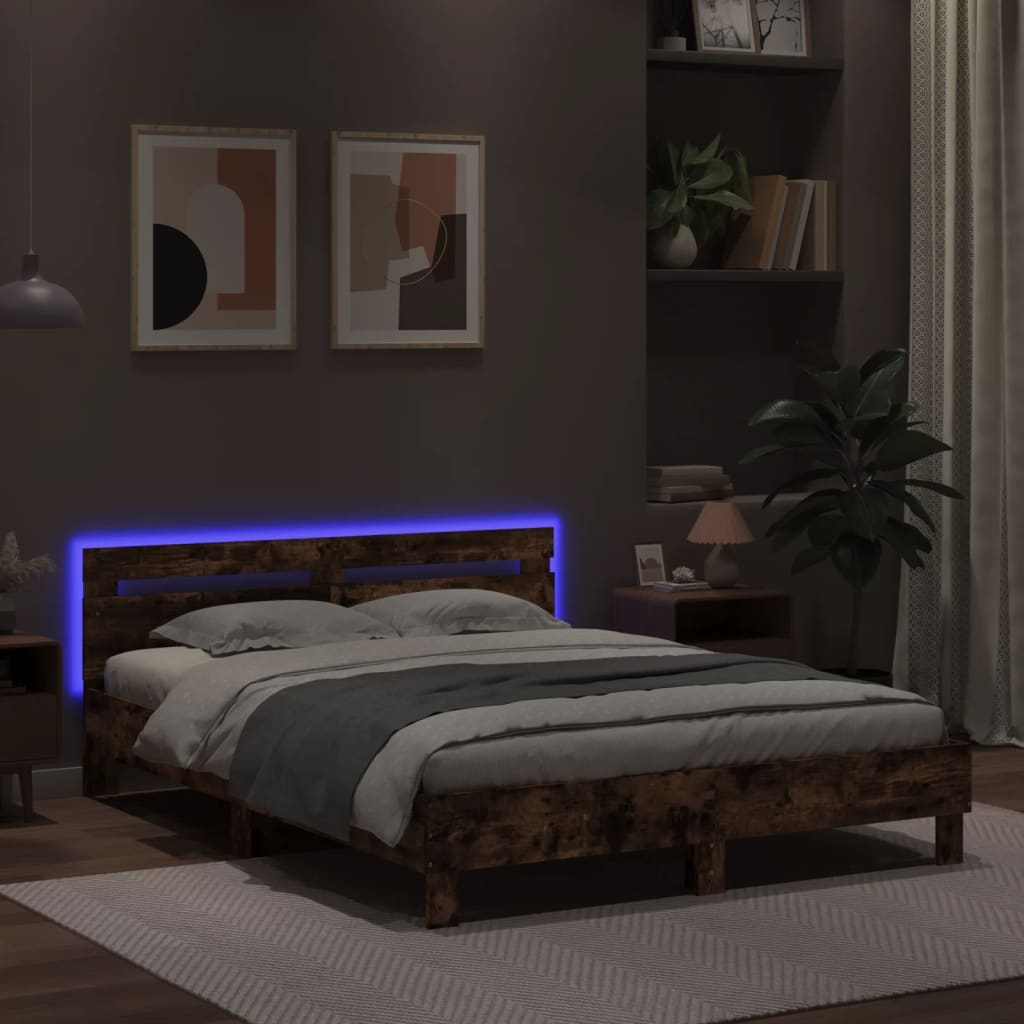 Bedframe met hoofdeinde en LED gerookt eikenkleurig 150x200 cm is nu te koop bij PeponiXL, paradijselijk wonen!