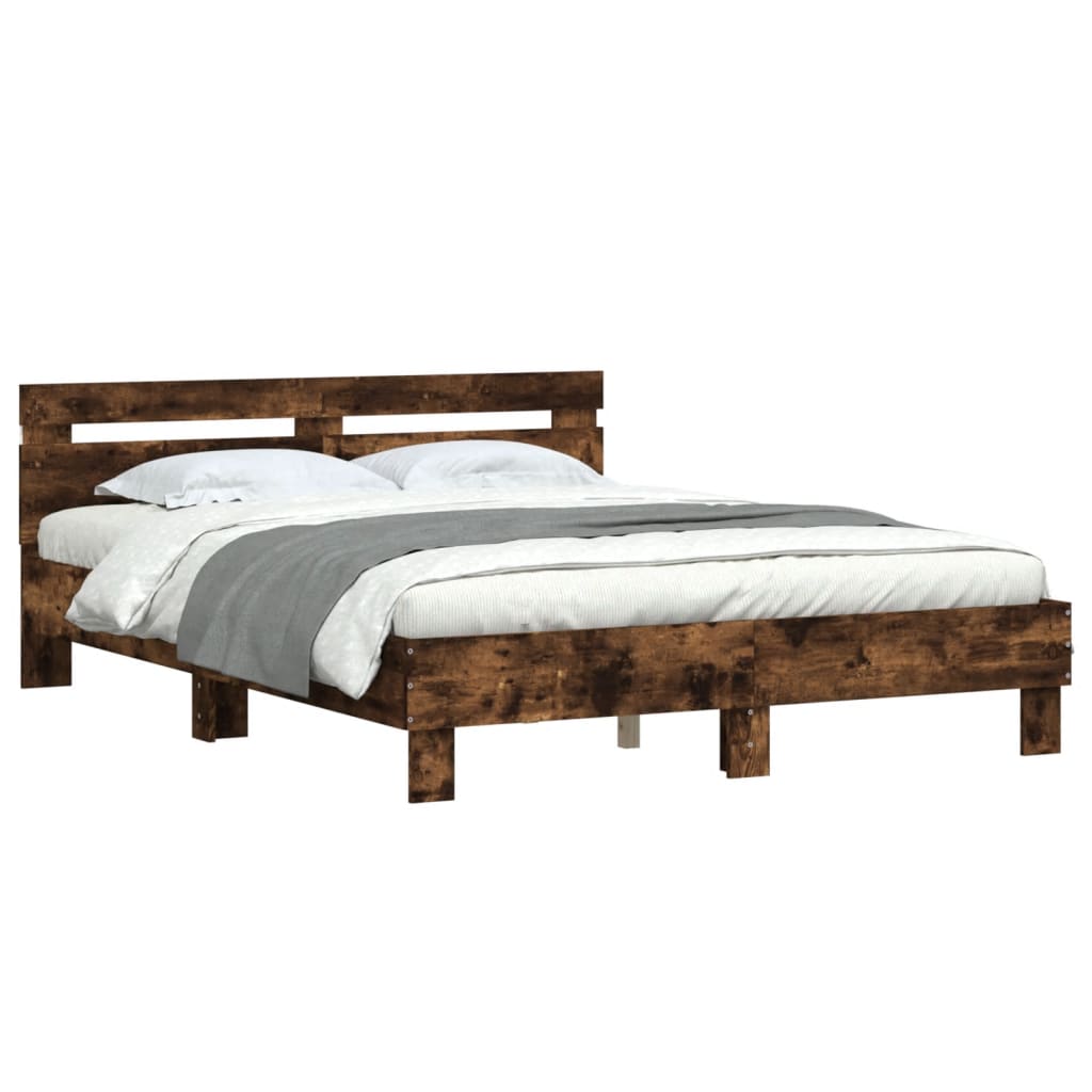 Bedframe met hoofdeinde en LED gerookt eikenkleurig 150x200 cm is nu te koop bij PeponiXL, paradijselijk wonen!