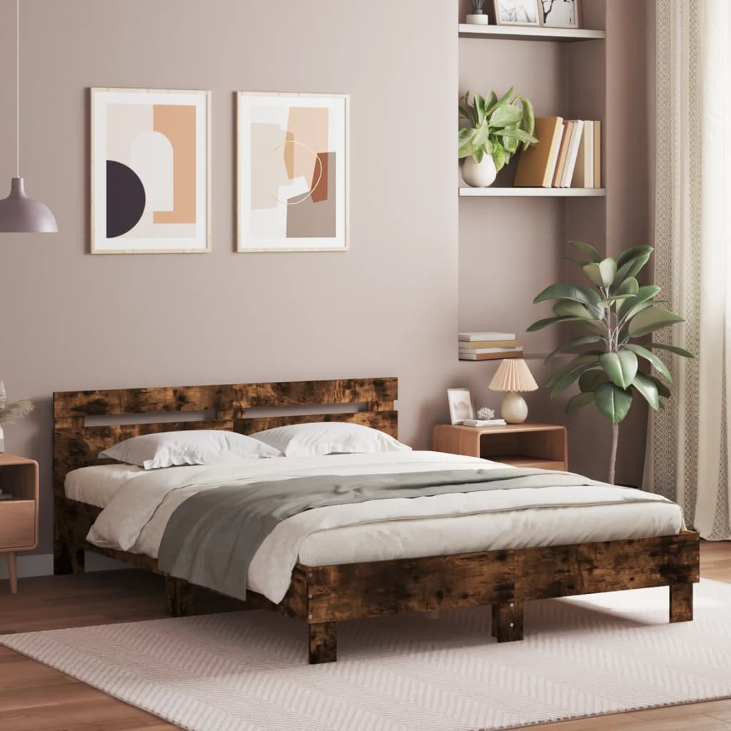 Bedframe met hoofdeinde en LED gerookt eikenkleurig 150x200 cm is nu te koop bij PeponiXL, paradijselijk wonen!