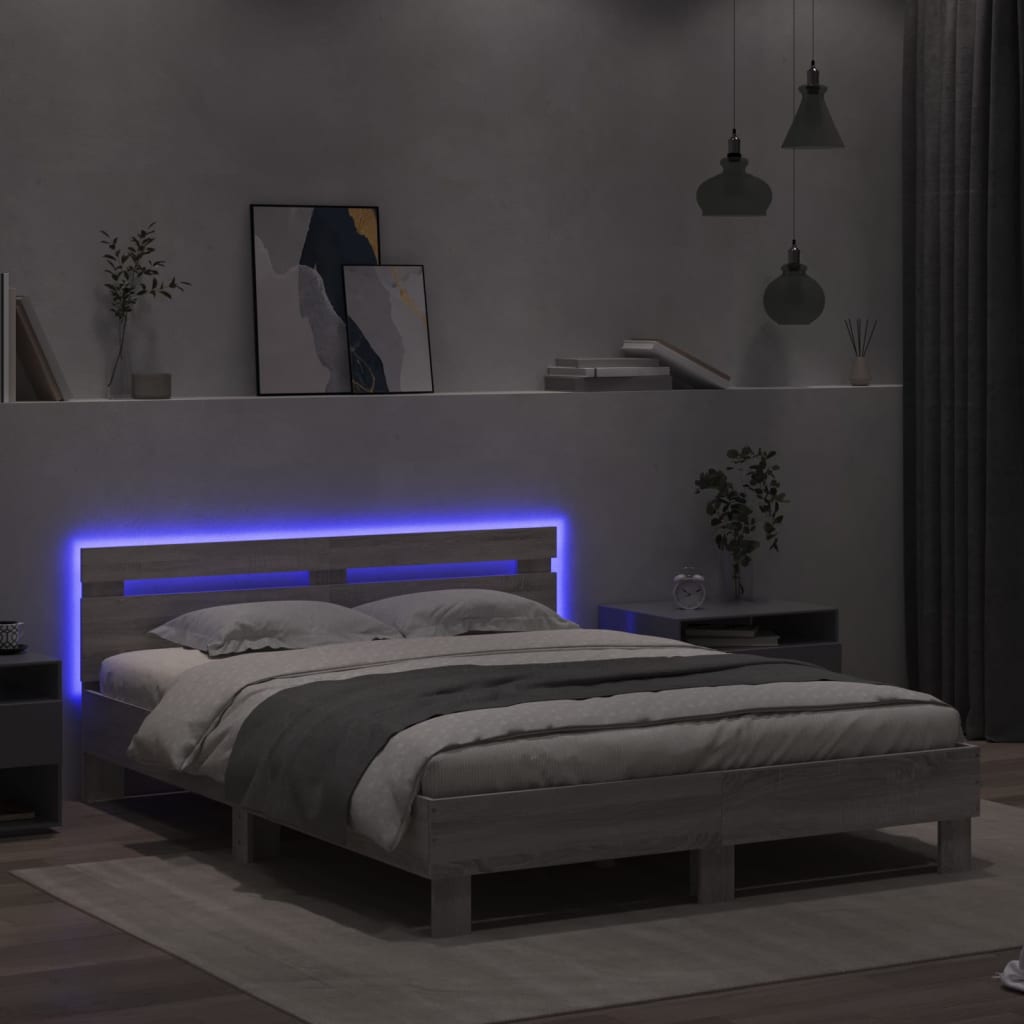 Bedframe met hoofdeinde en LED grijs sonoma eiken 150x200 cm is nu te koop bij PeponiXL, paradijselijk wonen!