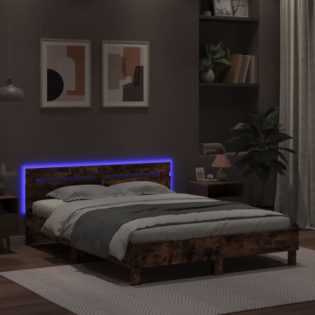 Bedframe met hoofdeinde en LED bruin eikenkleur 150x200 cm is nu te koop bij PeponiXL, paradijselijk wonen!