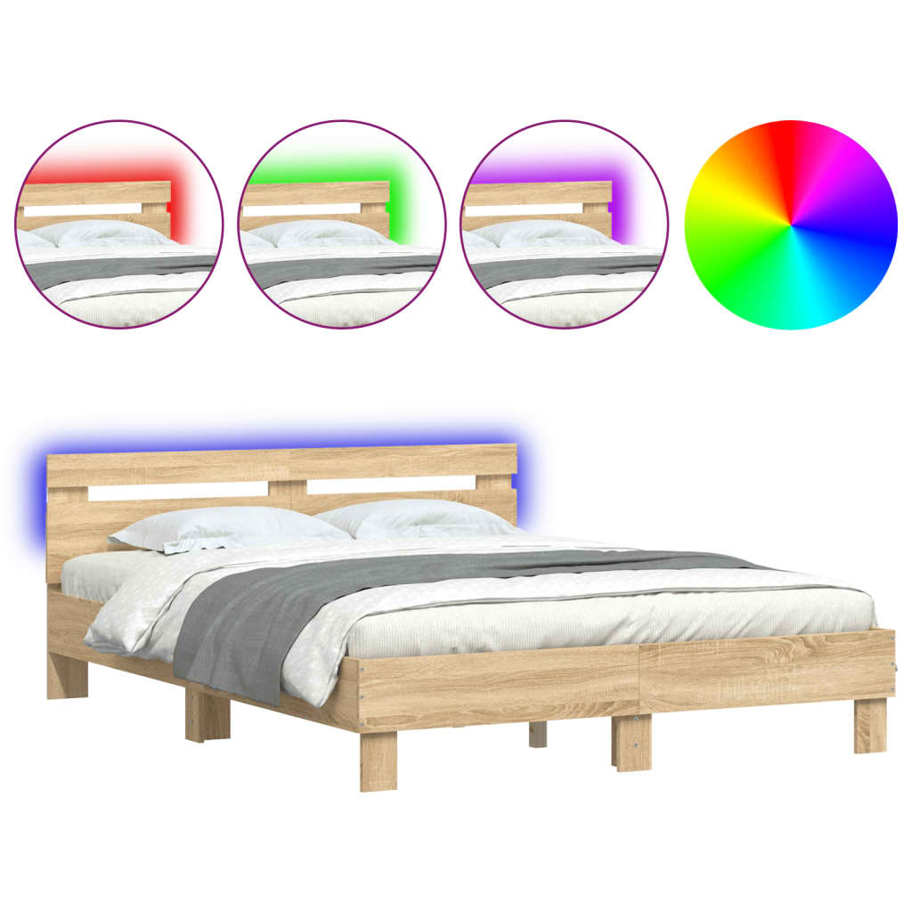 Bedframe met hoofdeinde en LED sonoma eikenkleurig 140x200 cm is nu te koop bij PeponiXL, paradijselijk wonen!