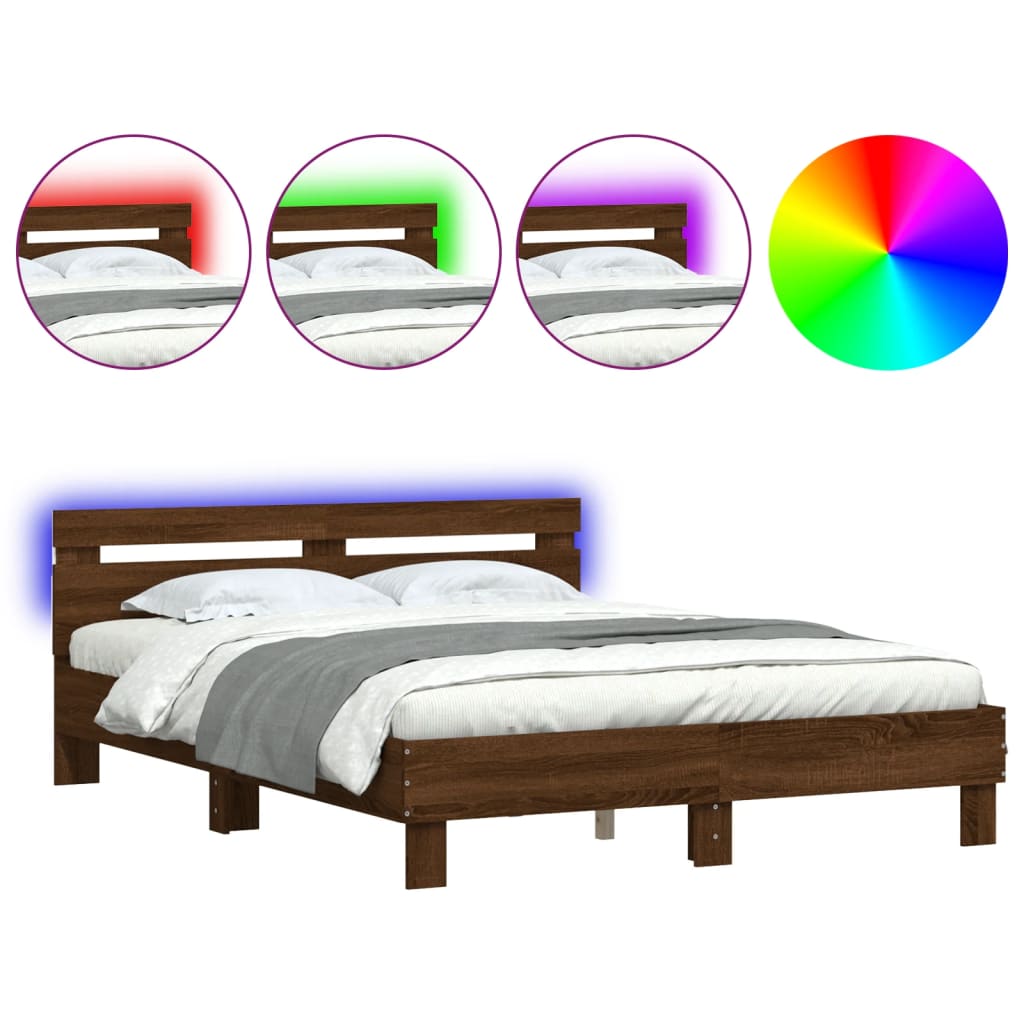 Bedframe met hoofdeinde en LED bruin eikenkleur 140x200 cm is nu te koop bij PeponiXL, paradijselijk wonen!