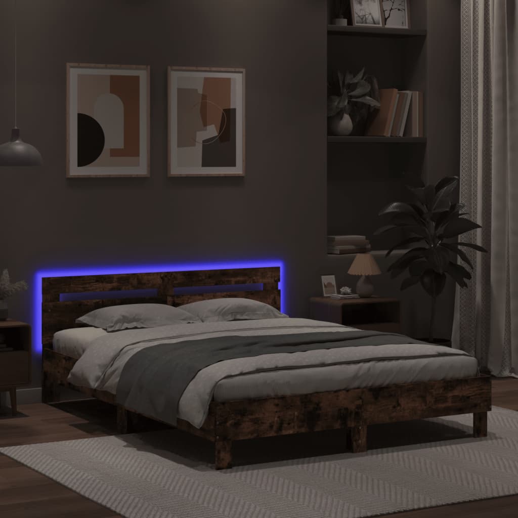 Bedframe met hoofdeinde en LED bruin eikenkleur 140x200 cm is nu te koop bij PeponiXL, paradijselijk wonen!