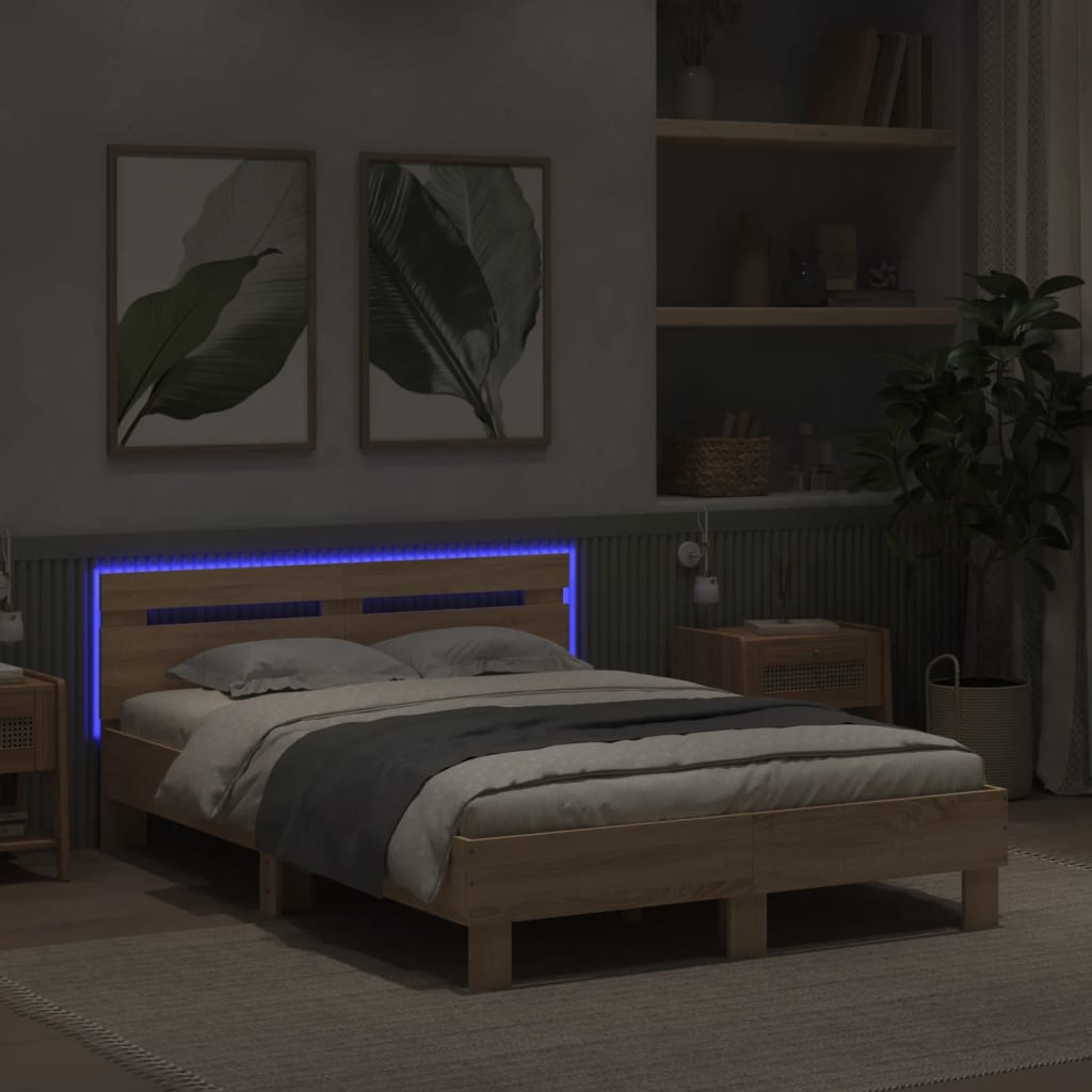 Bedframe met hoofdeinde en LED sonoma eikenkleurig 120x200 cm is nu te koop bij PeponiXL, paradijselijk wonen!