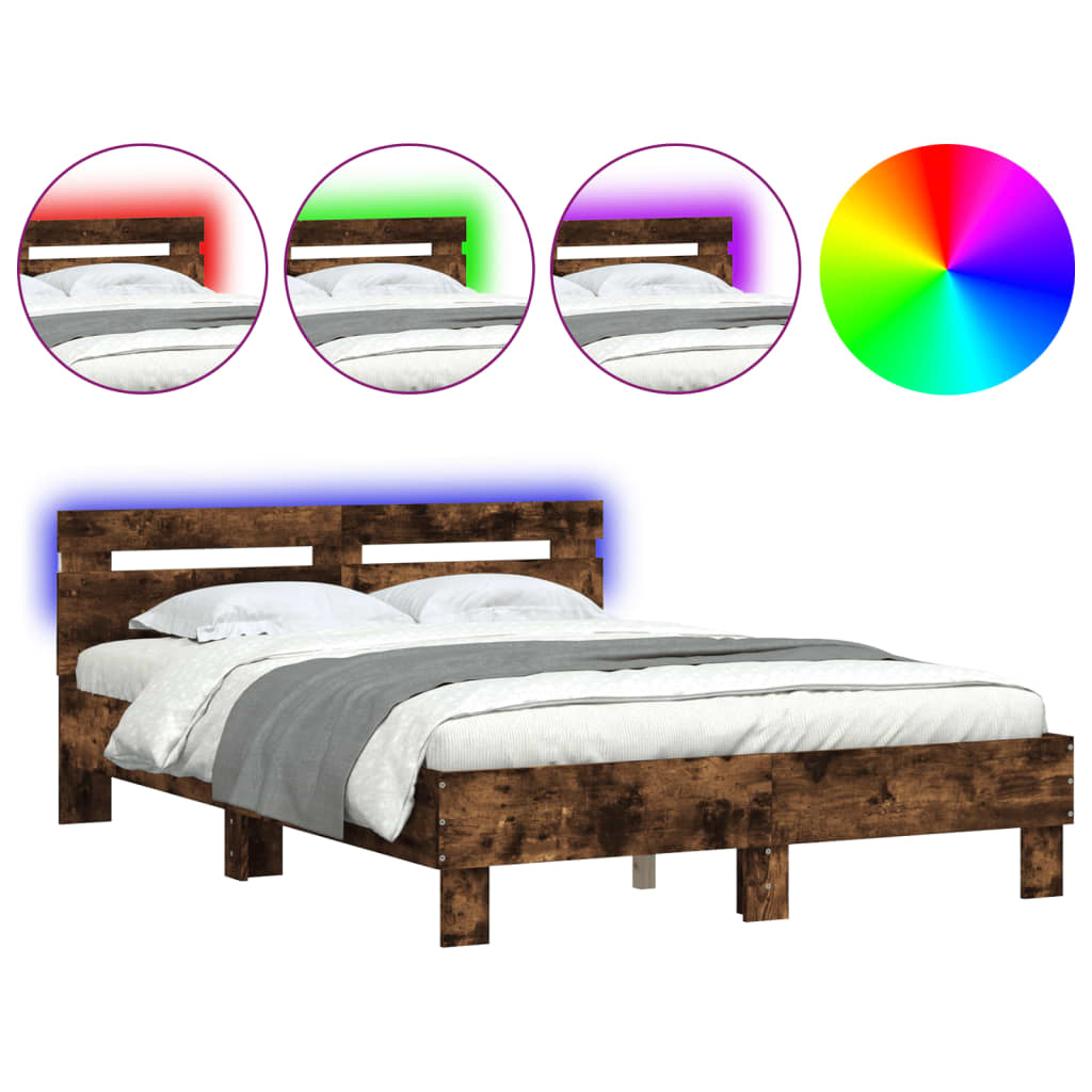 Bedframe met hoofdeinde en LED gerookt eikenkleurig 120x200 cm is nu te koop bij PeponiXL, paradijselijk wonen!