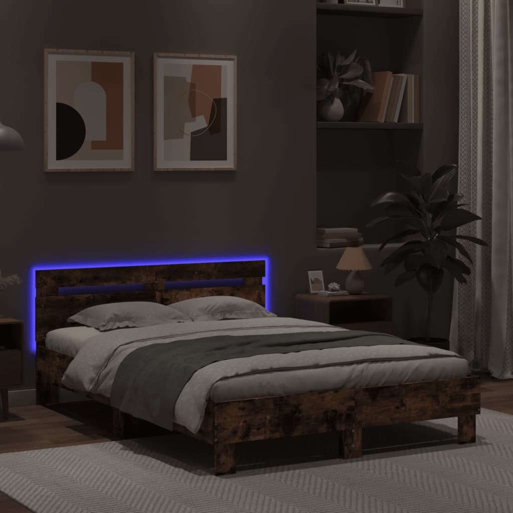Bedframe met hoofdeinde en LED gerookt eikenkleurig 120x200 cm is nu te koop bij PeponiXL, paradijselijk wonen!