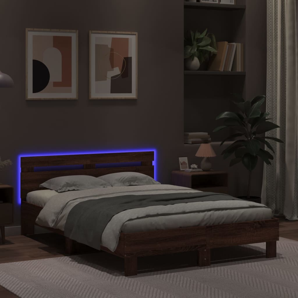 Bedframe met hoofdeinde en LED bruin eikenkleur 120x200 cm is nu te koop bij PeponiXL, paradijselijk wonen!