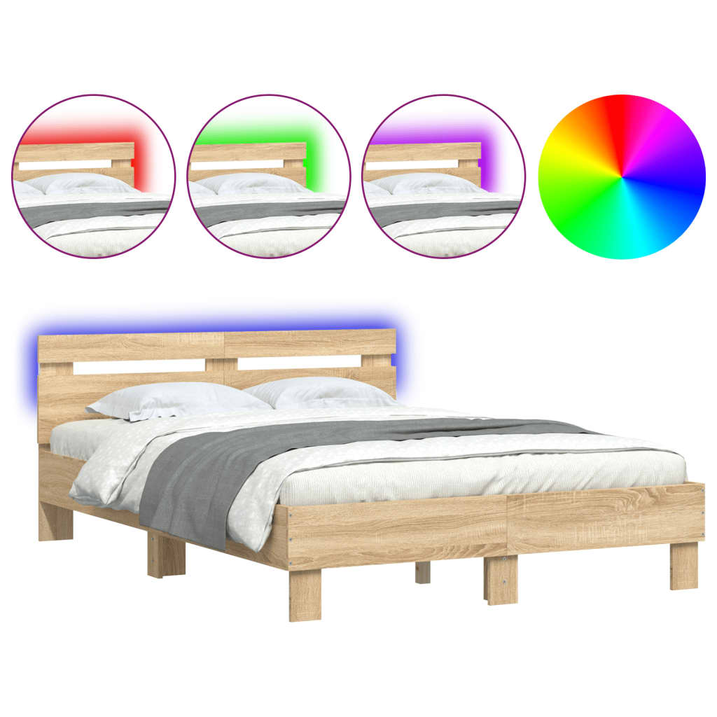 Bedframe met hoofdeinde en LED sonoma eikenkleurig 135x190 cm is nu te koop bij PeponiXL, paradijselijk wonen!