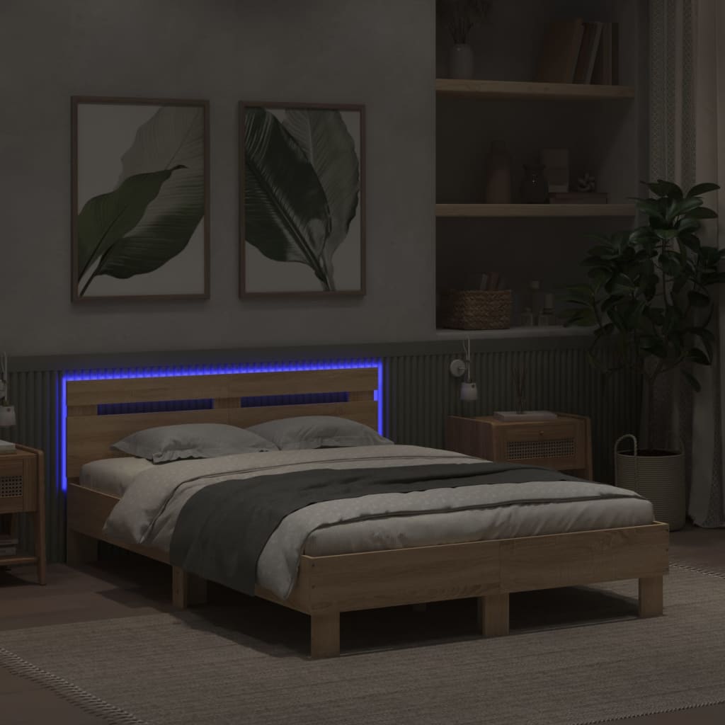 Bedframe met hoofdeinde en LED sonoma eikenkleurig 135x190 cm is nu te koop bij PeponiXL, paradijselijk wonen!