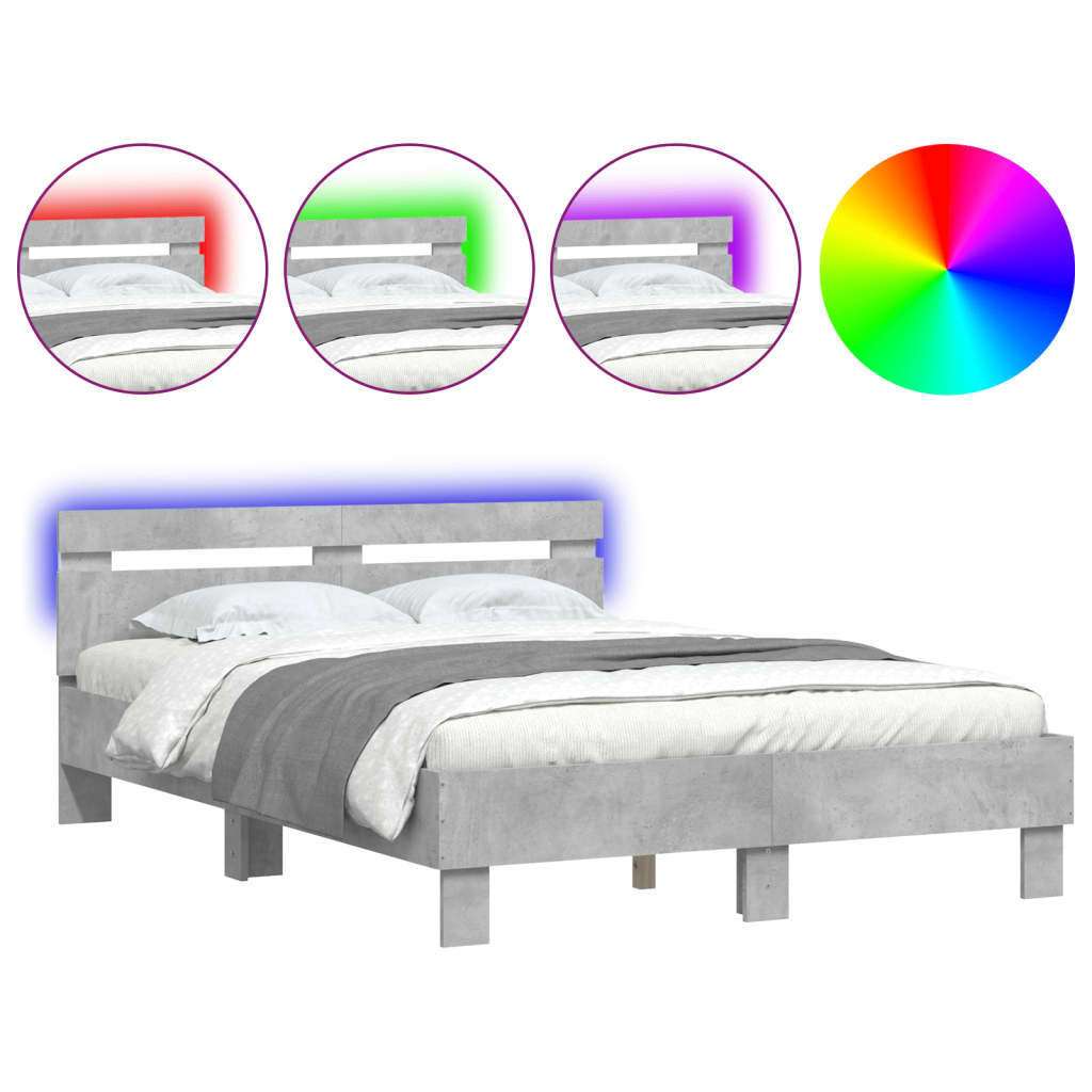 Bedframe met hoofdeinde en LED betongrijs 135x190 cm is nu te koop bij PeponiXL, paradijselijk wonen!