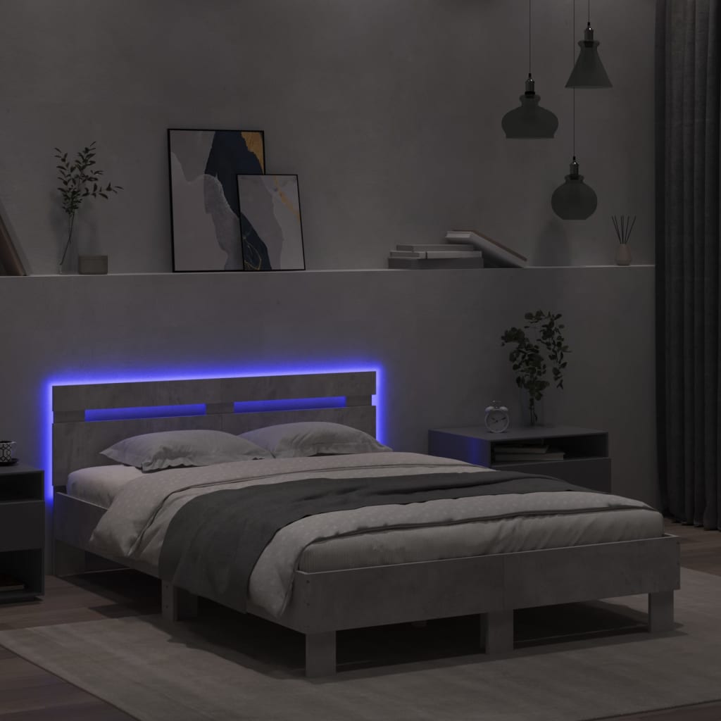 Bedframe met hoofdeinde en LED betongrijs 135x190 cm is nu te koop bij PeponiXL, paradijselijk wonen!