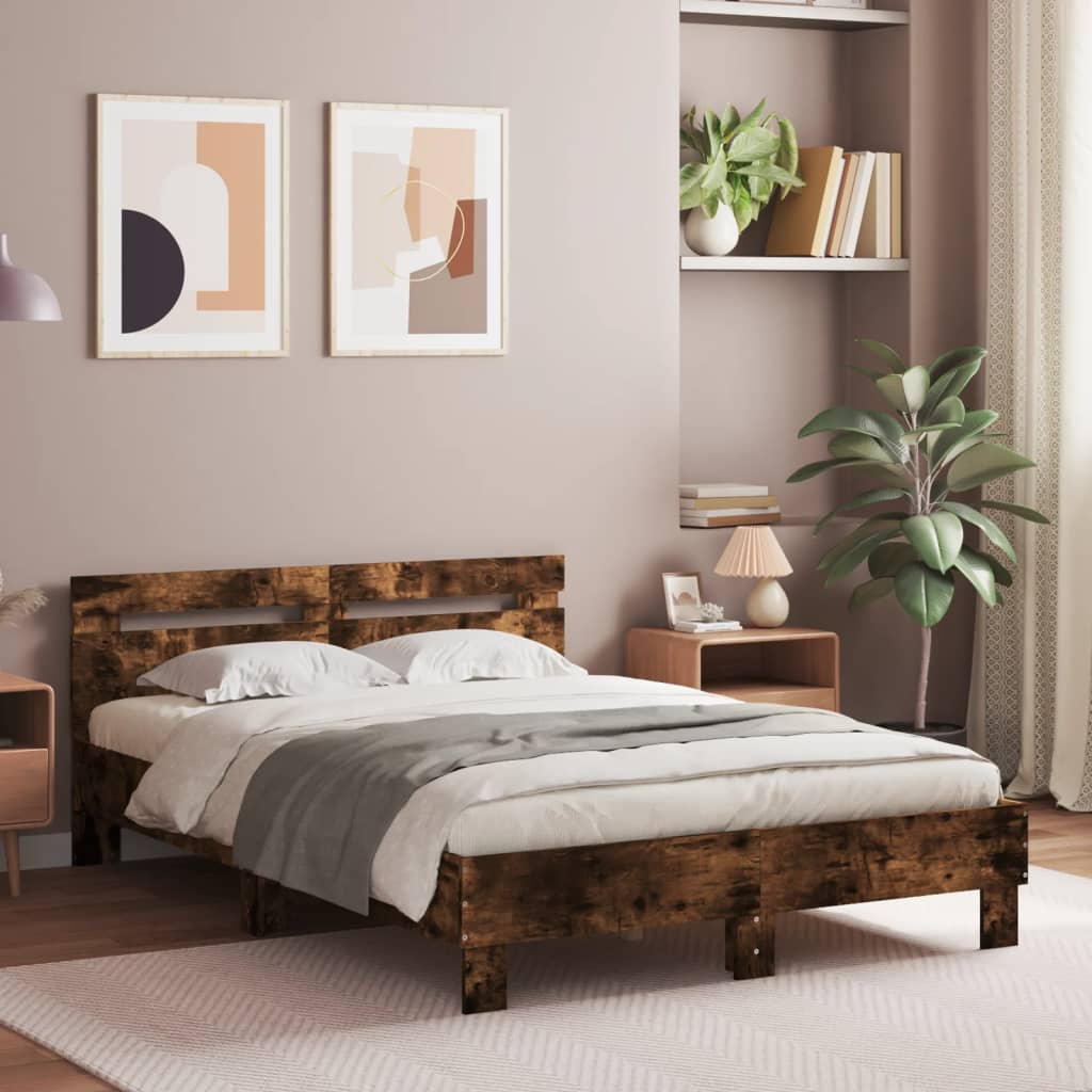 Bedframe met hoofdeinde en LED gerookt eikenkleurig 135x190 cm is nu te koop bij PeponiXL, paradijselijk wonen!