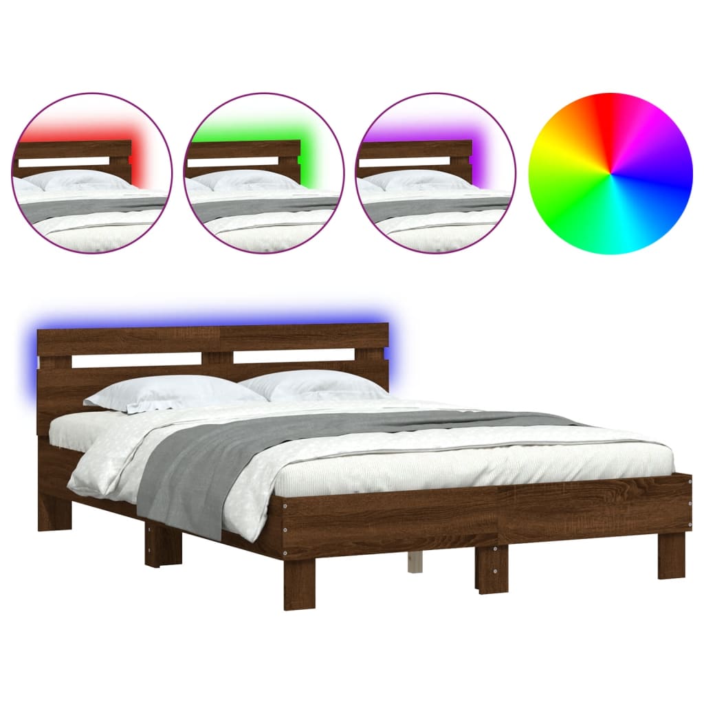 Bedframe met hoofdeinde en LED bruin eikenkleur 135x190 cm is nu te koop bij PeponiXL, paradijselijk wonen!