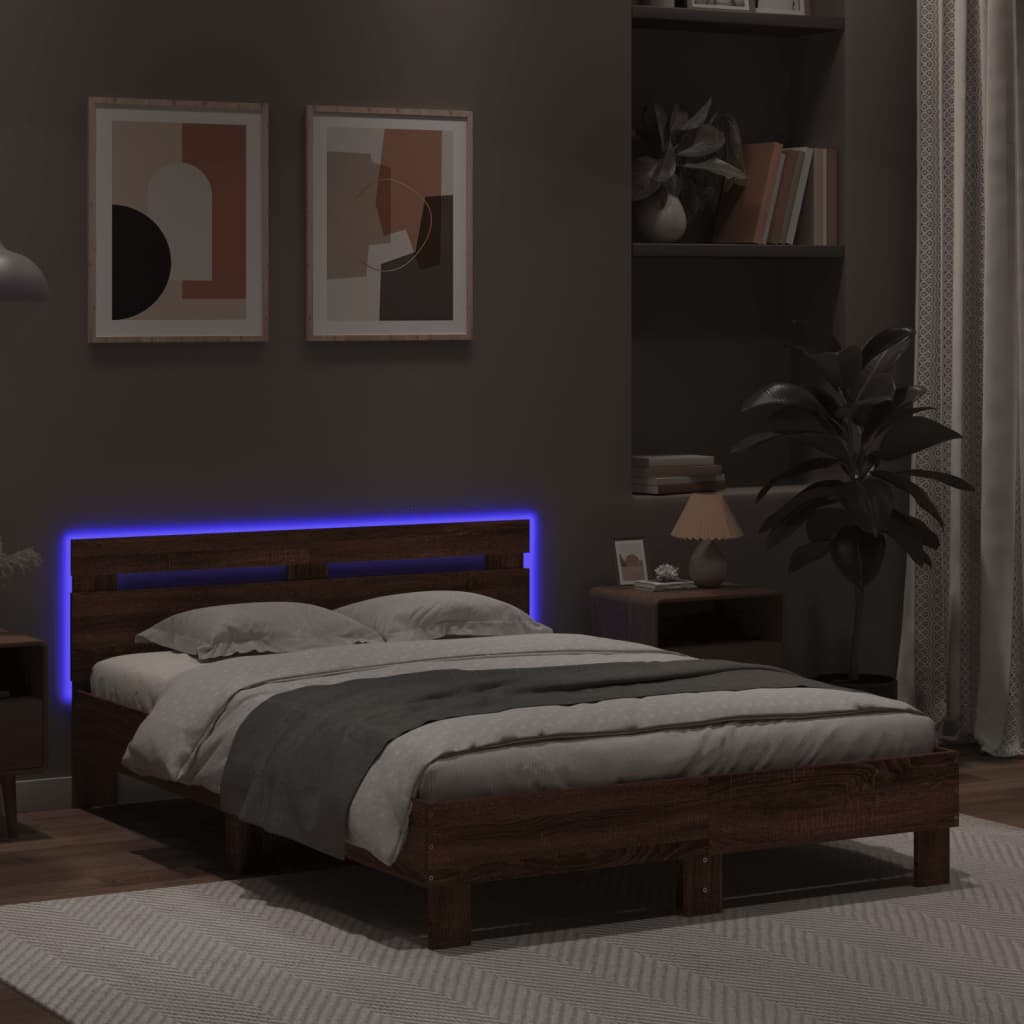 Bedframe met hoofdeinde en LED bruin eikenkleur 135x190 cm is nu te koop bij PeponiXL, paradijselijk wonen!