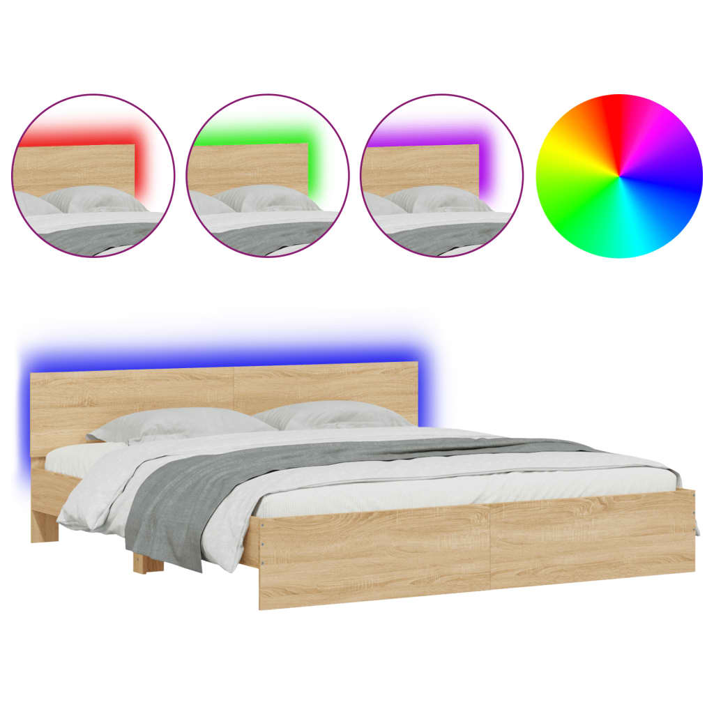 Bedframe met hoofdeinde en LED sonoma eikenkleurig 200x200 cm is nu te koop bij PeponiXL, paradijselijk wonen!