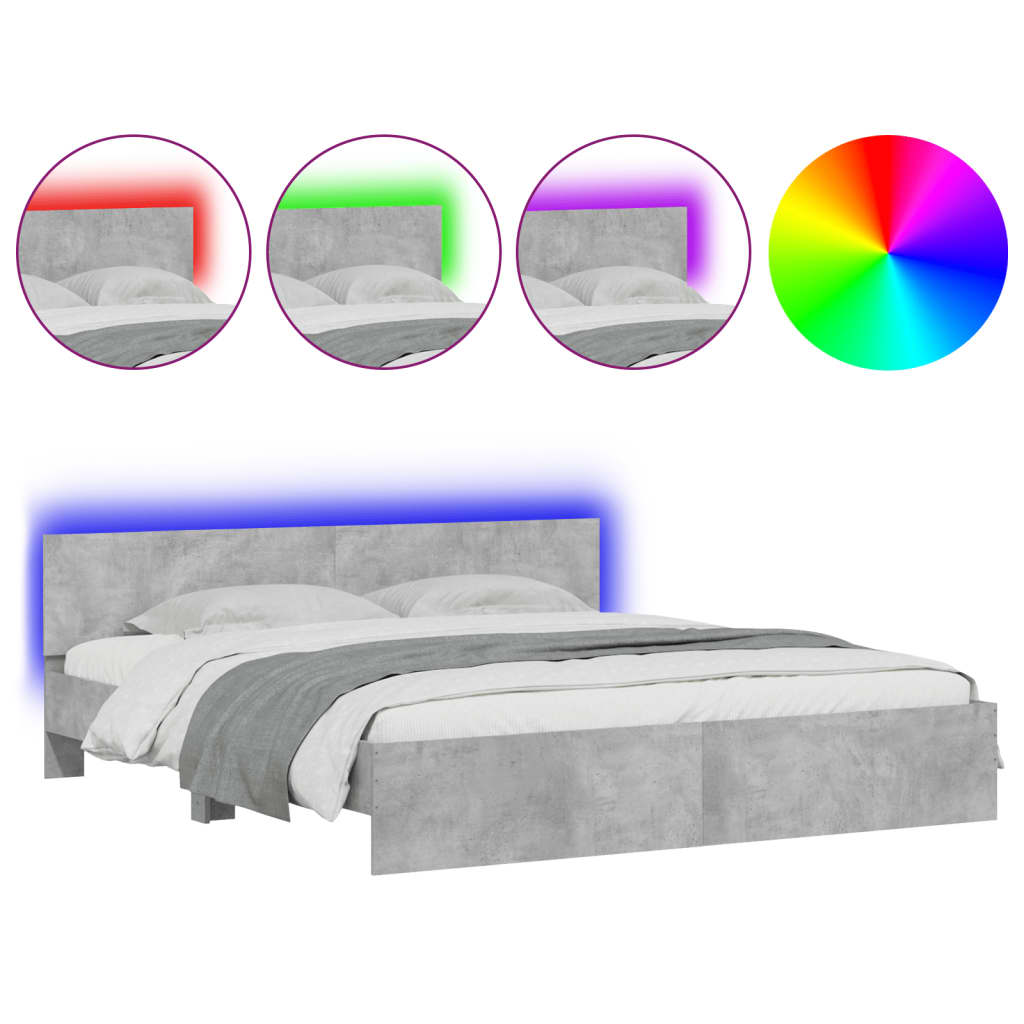 Bedframe met hoofdeinde en LED-licht betongrijs 200x200 cm is nu te koop bij PeponiXL, paradijselijk wonen!