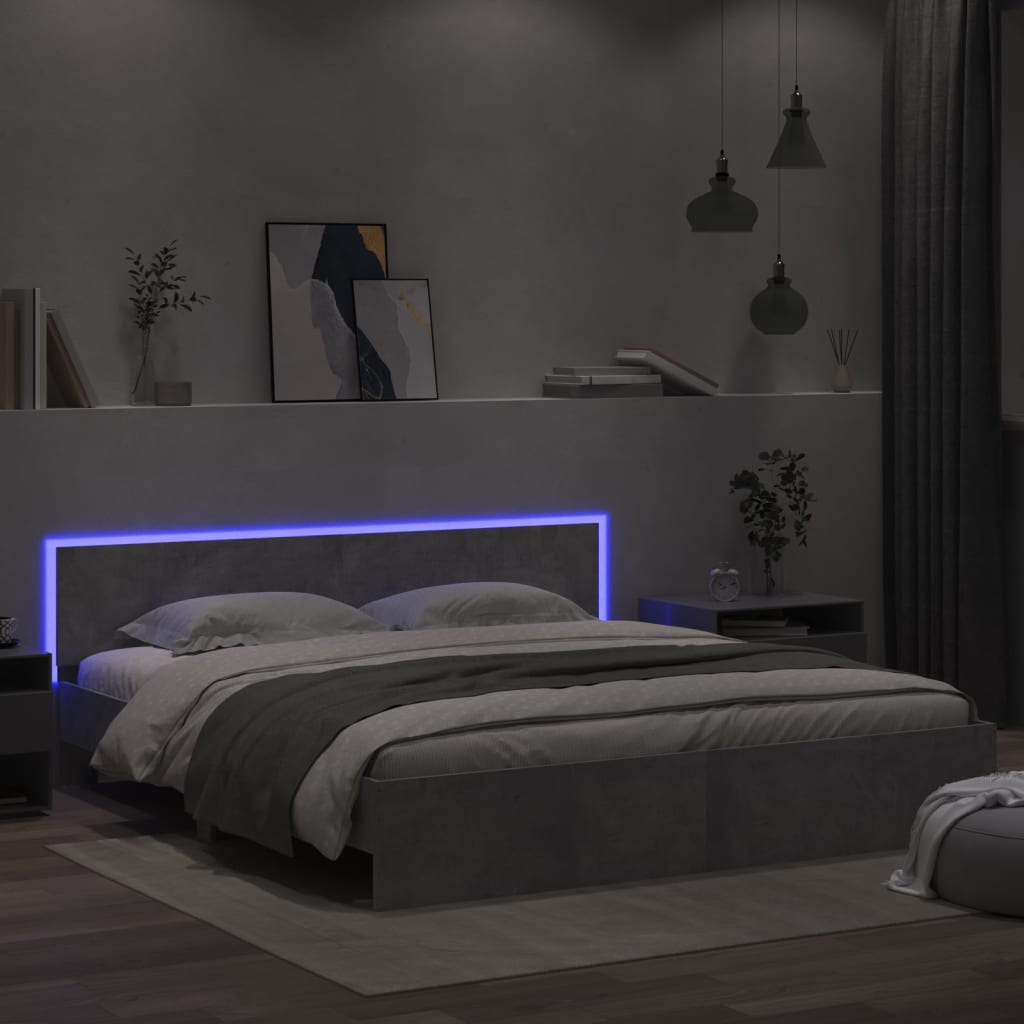 Bedframe met hoofdeinde en LED-licht betongrijs 200x200 cm is nu te koop bij PeponiXL, paradijselijk wonen!