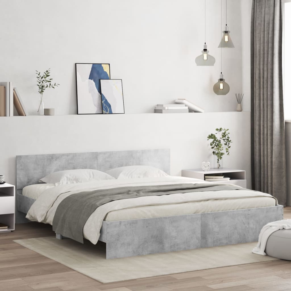 Bedframe met hoofdeinde en LED-licht betongrijs 200x200 cm is nu te koop bij PeponiXL, paradijselijk wonen!