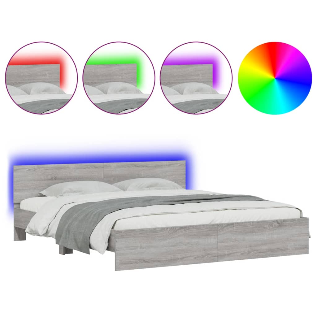 Bedframe met hoofdeinde en LED grijs sonoma eiken 200x200 cm is nu te koop bij PeponiXL, paradijselijk wonen!