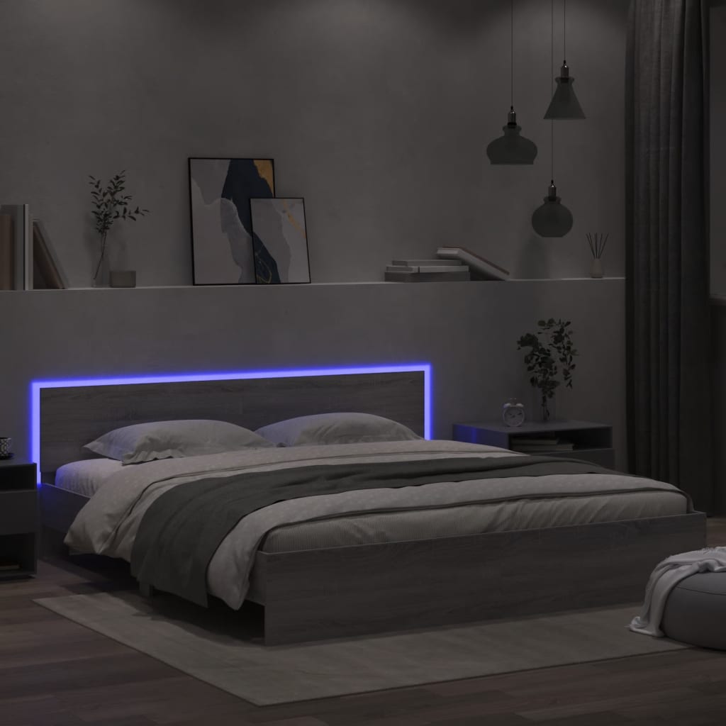 Bedframe met hoofdeinde en LED grijs sonoma eiken 200x200 cm is nu te koop bij PeponiXL, paradijselijk wonen!
