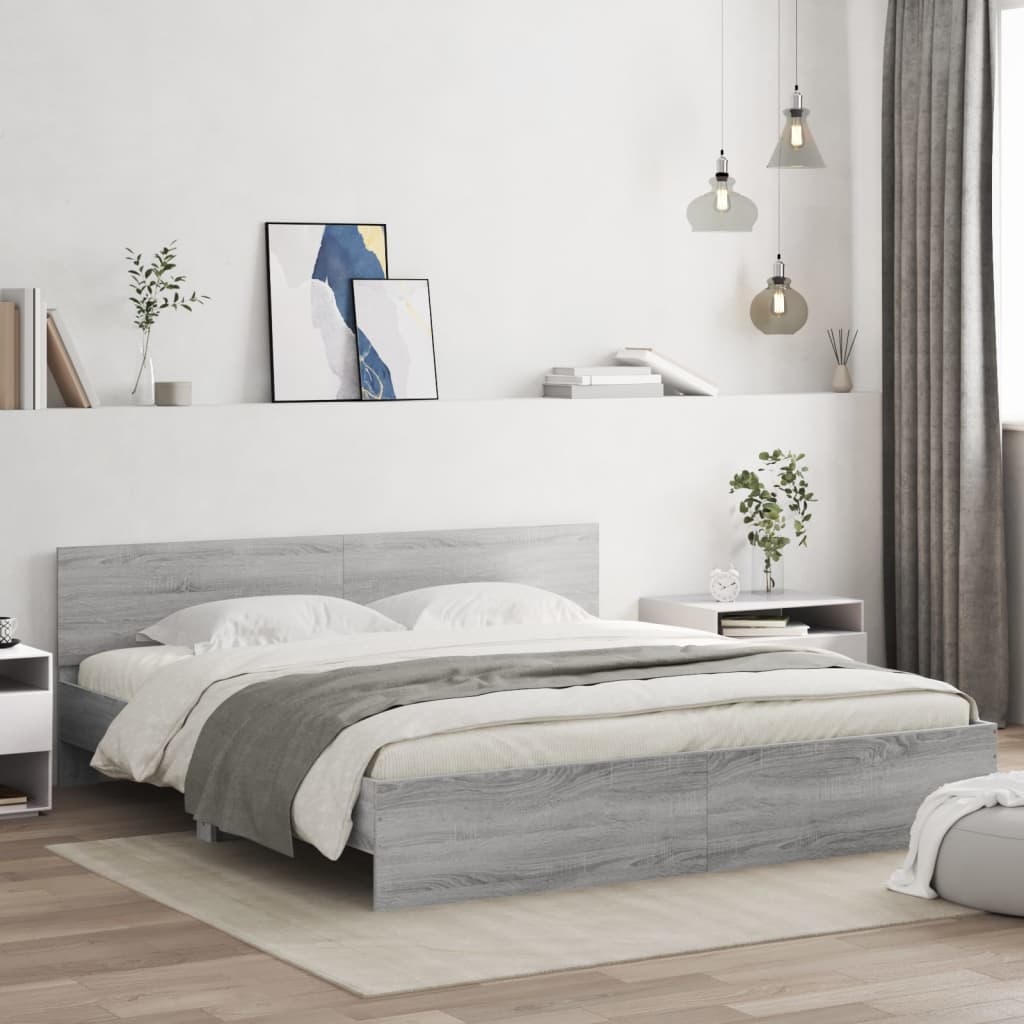 Bedframe met hoofdeinde en LED grijs sonoma eiken 200x200 cm is nu te koop bij PeponiXL, paradijselijk wonen!