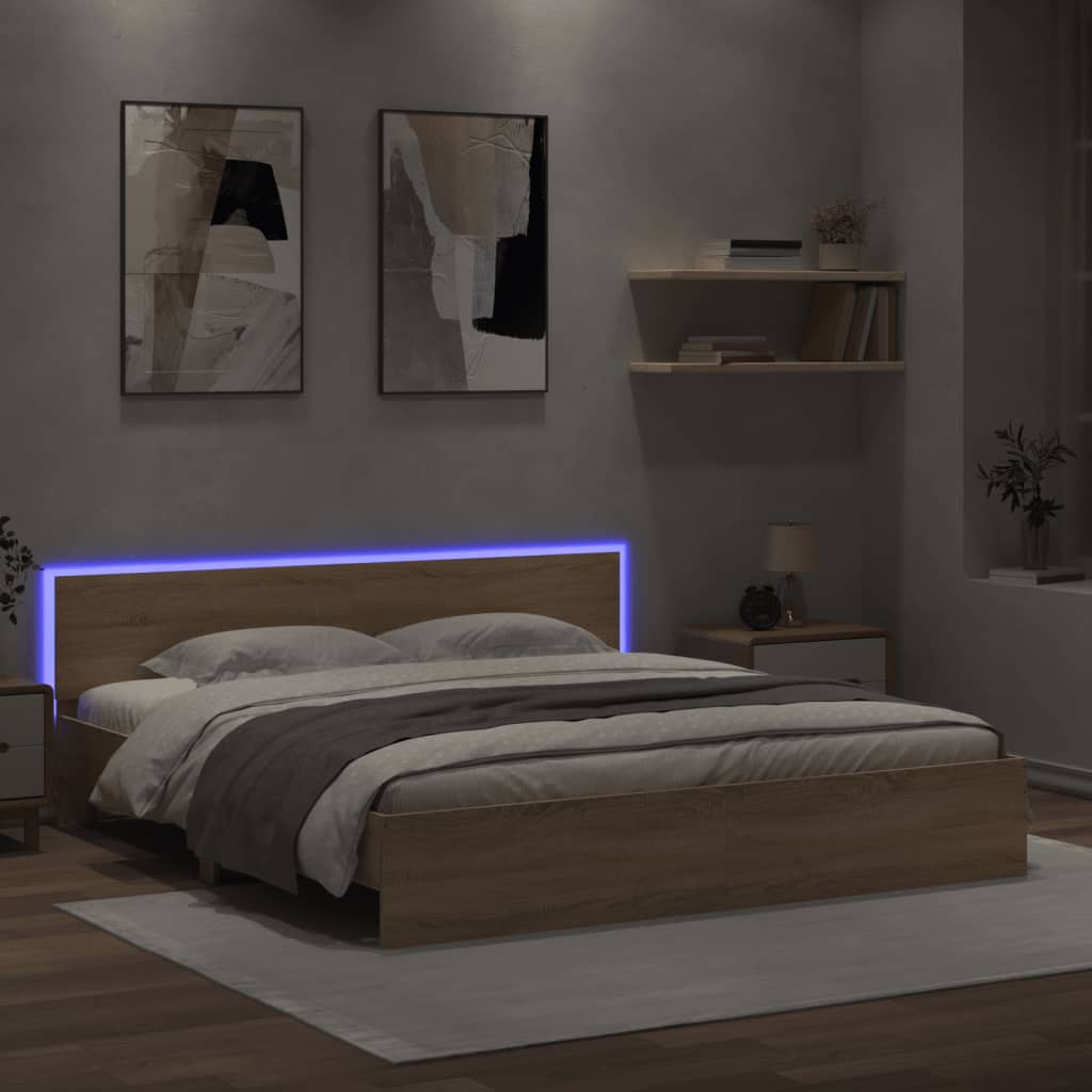 Bedframe met hoofdeinde en LED sonoma eikenkleurig 180x200 cm is nu te koop bij PeponiXL, paradijselijk wonen!
